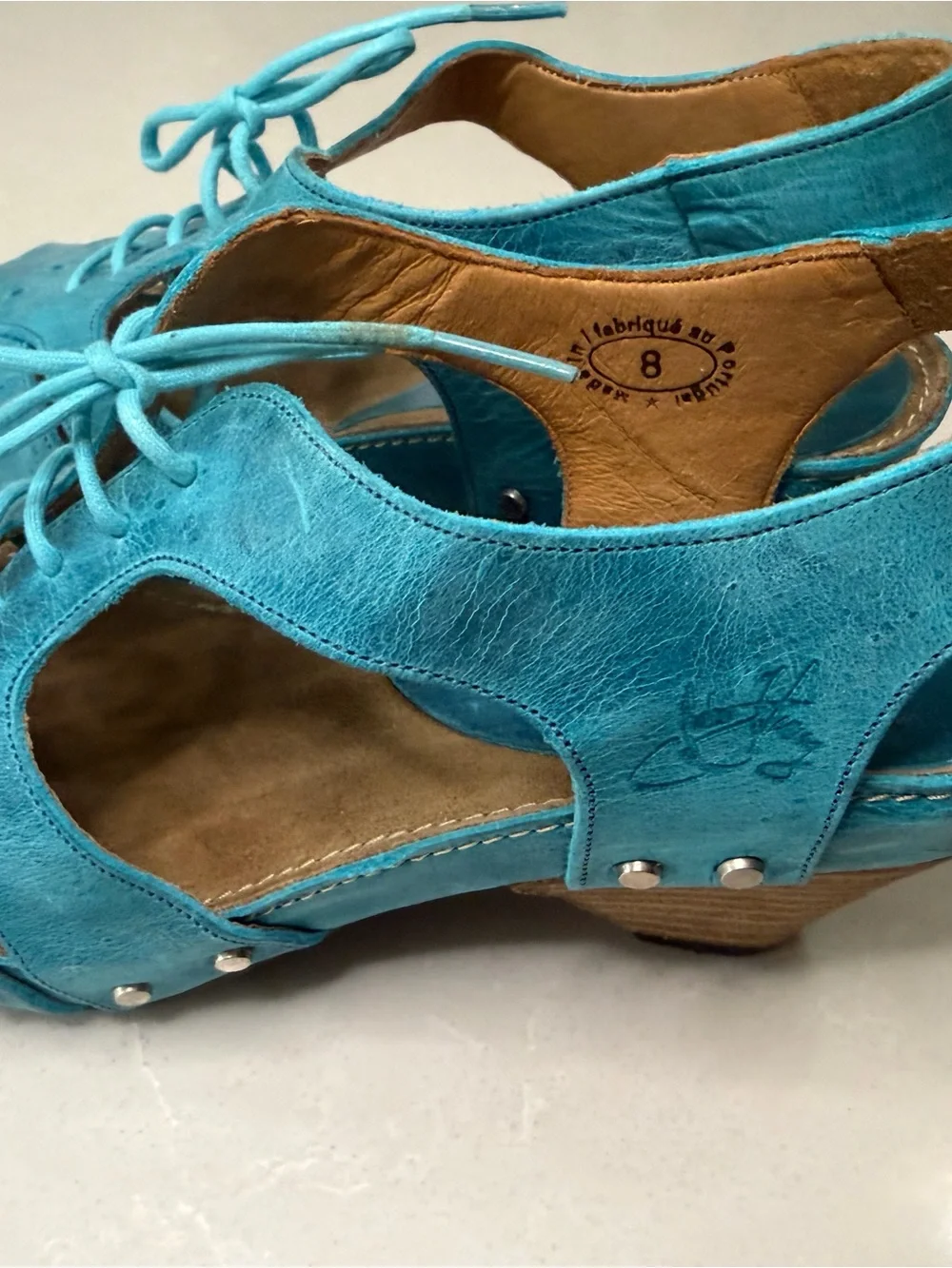 John Fluevog Joni Teal Blue Leather Wood Platform Lace Up Low Rule Sandals, 8